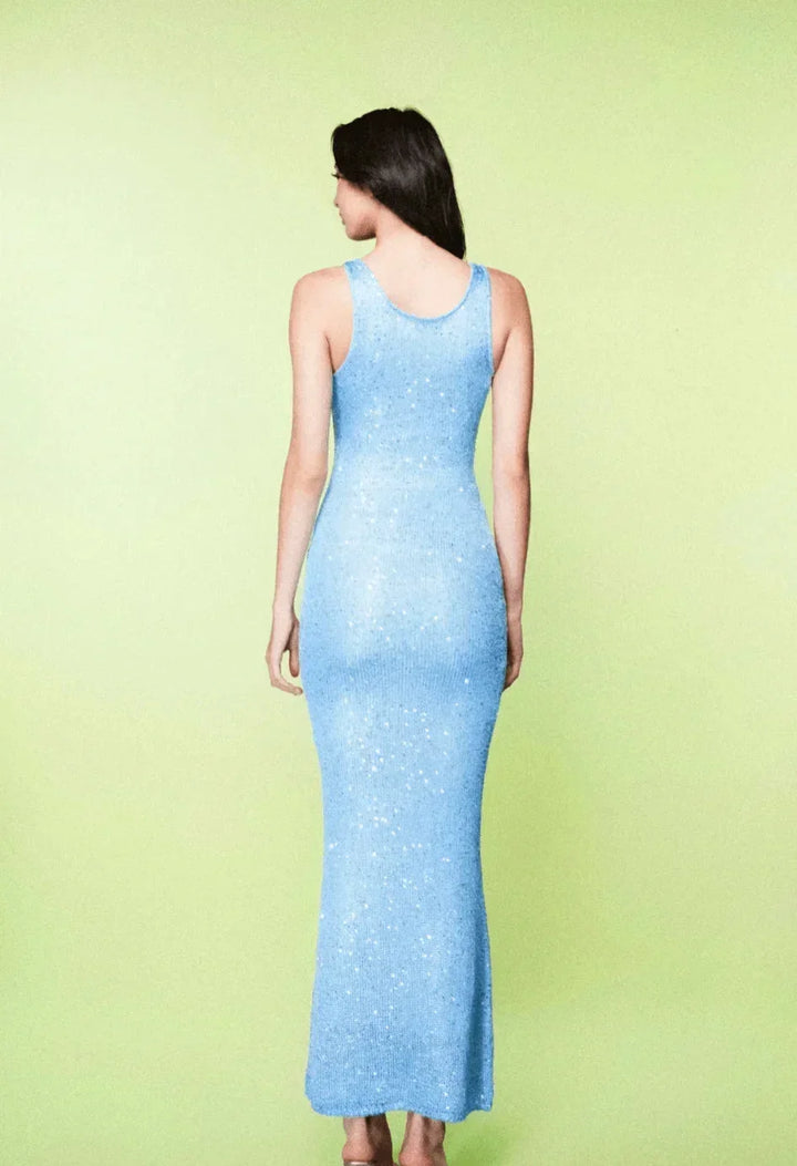 Vestito lungo donna blu ghiaccio senza maniche aderente