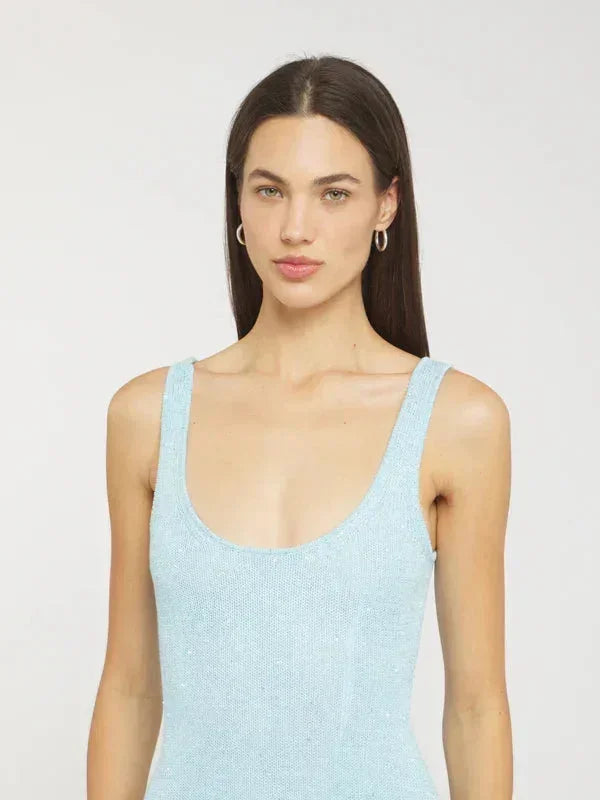 Vestito lungo donna blu ghiaccio senza maniche aderente