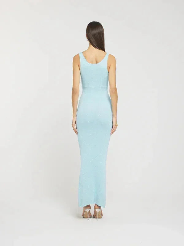 Vestito lungo donna blu ghiaccio senza maniche aderente