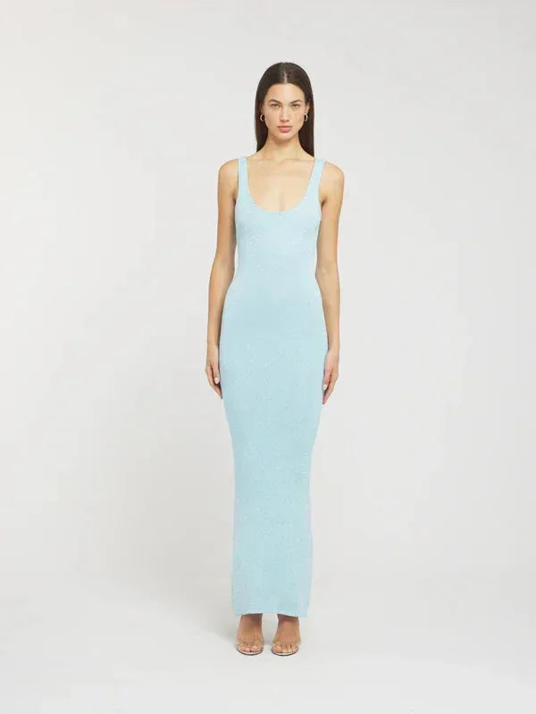 Vestito lungo donna blu ghiaccio senza maniche aderente