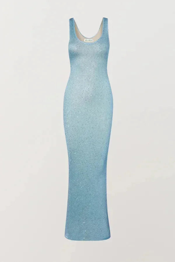 Vestito lungo donna blu ghiaccio senza maniche aderente