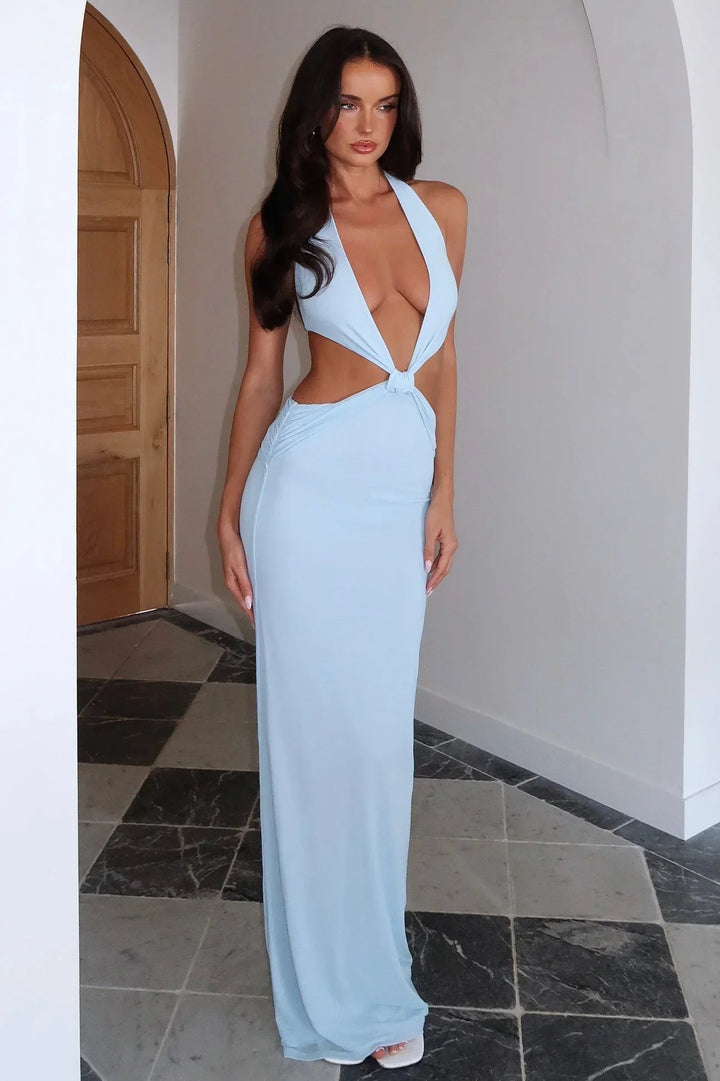 Vestito lungo da donna blu con schiena nuda