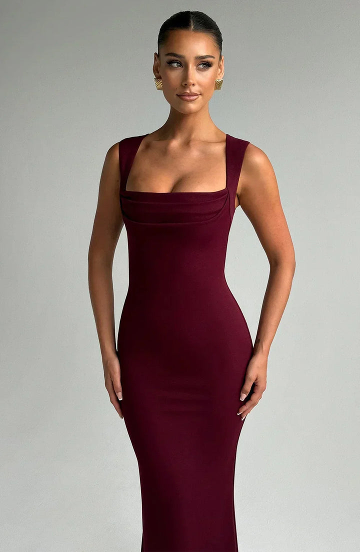 Vestito lungo donna bordeaux senza maniche elegante