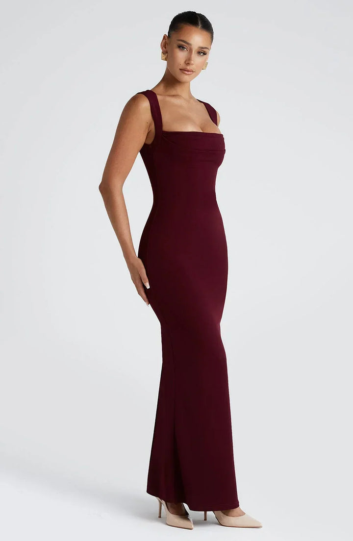Vestito lungo donna bordeaux senza maniche elegante