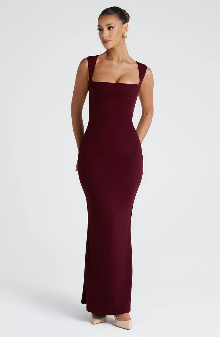 Vestito lungo donna bordeaux senza maniche elegante