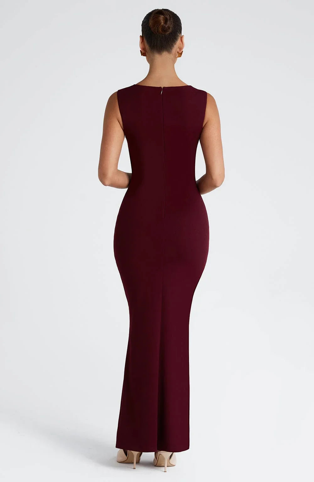 Vestito lungo donna bordeaux senza maniche elegante