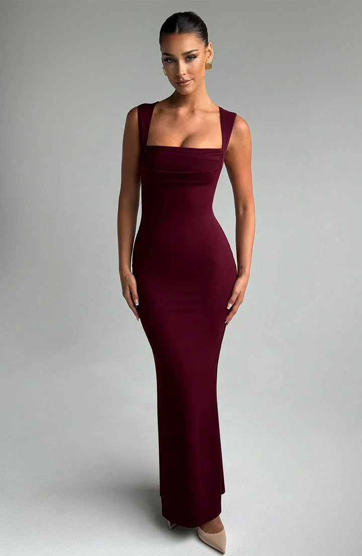Vestito lungo donna bordeaux senza maniche elegante