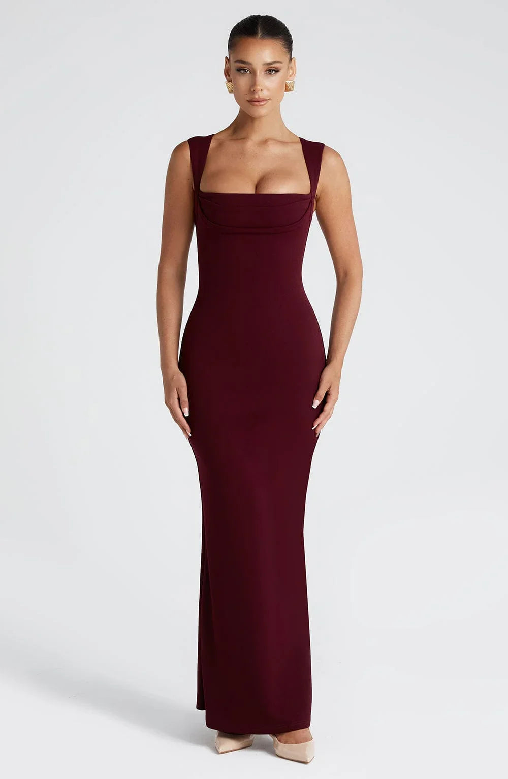 Vestito lungo donna bordeaux senza maniche elegante