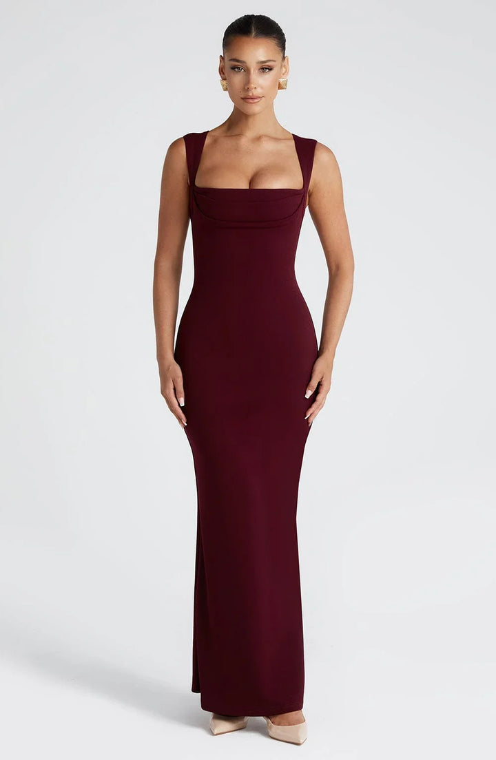 Vestito lungo donna bordeaux senza maniche elegante