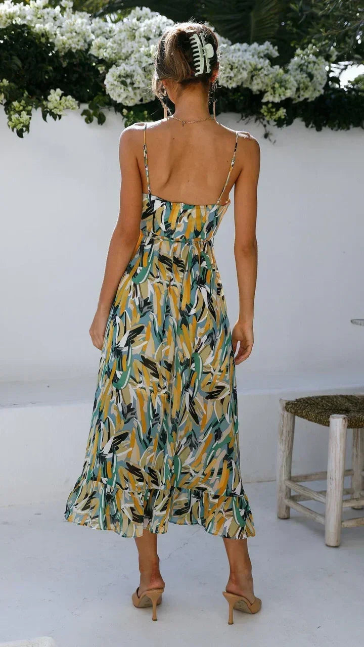 Vestito midi donna a spalline sottili con stampa vegetale