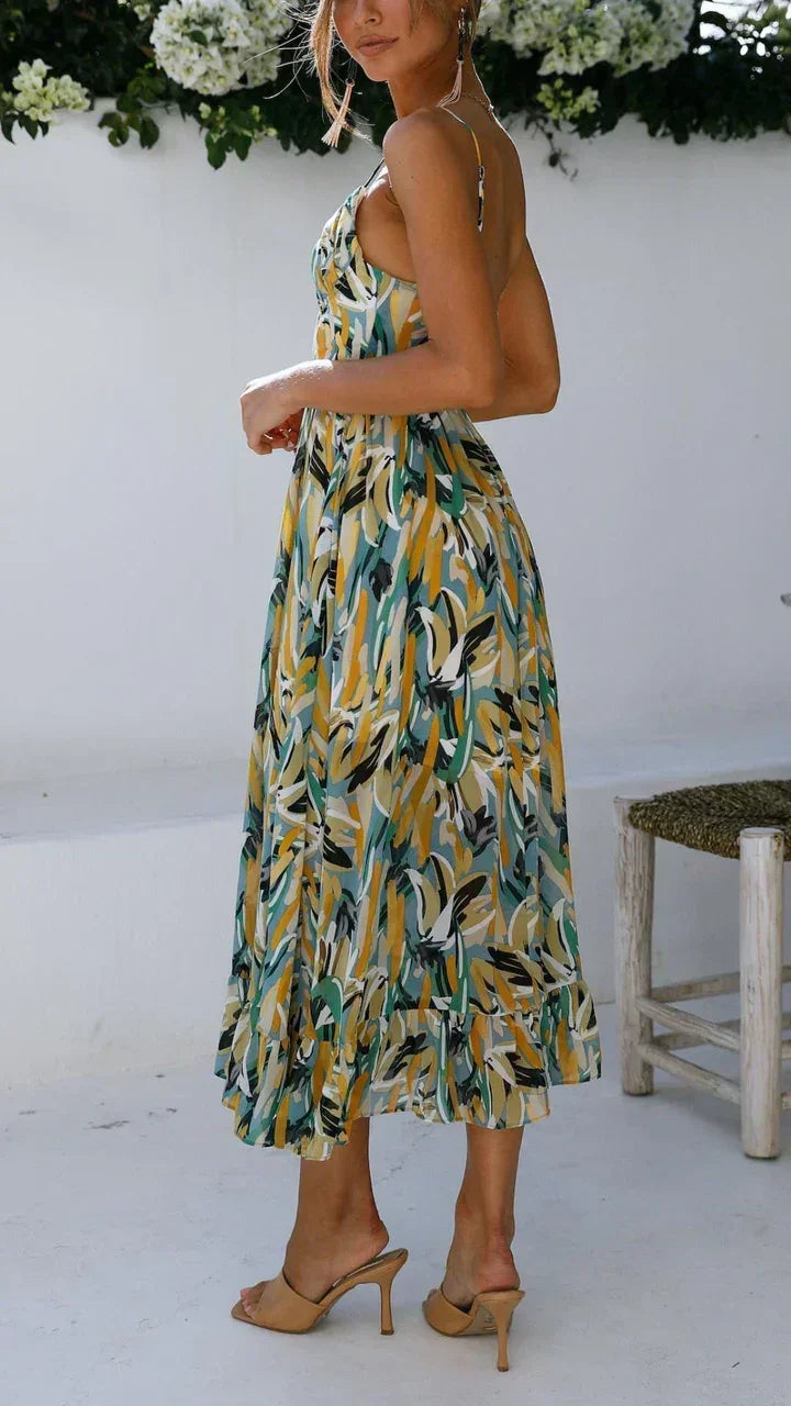 Vestito midi donna a spalline sottili con stampa vegetale