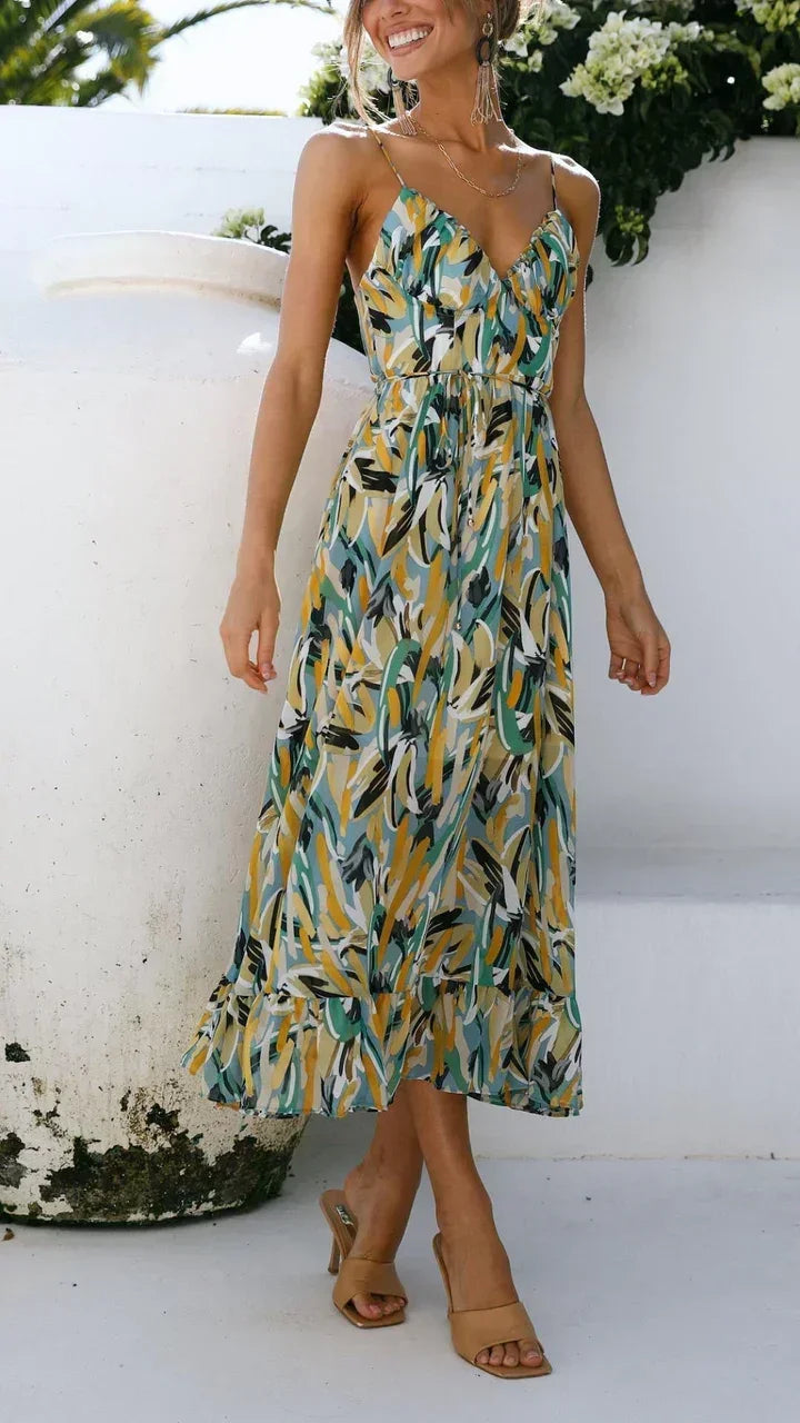 Vestito midi donna a spalline sottili con stampa vegetale