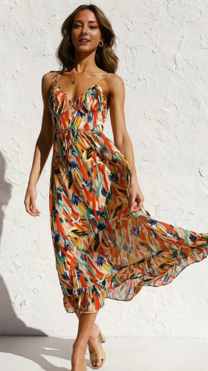 Vestito midi donna a spalline sottili con stampa vegetale