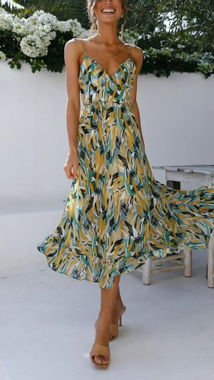 Vestito midi donna a spalline sottili con stampa vegetale
