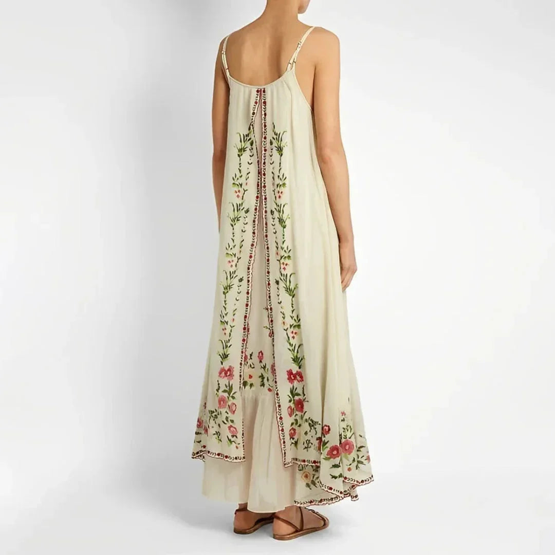 Vestito lungo donna con spalline sottili e motivi floreali