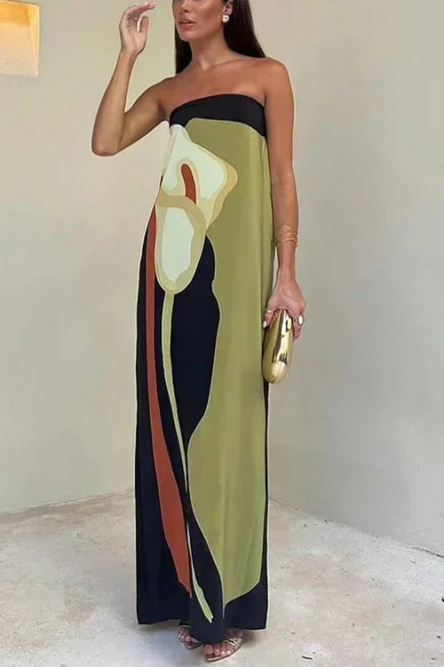 Vestito lungo donna bustier con motivi astratti fluidi