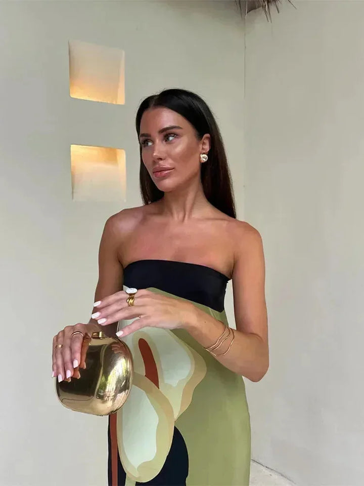 Vestito lungo donna bustier con motivi astratti fluidi