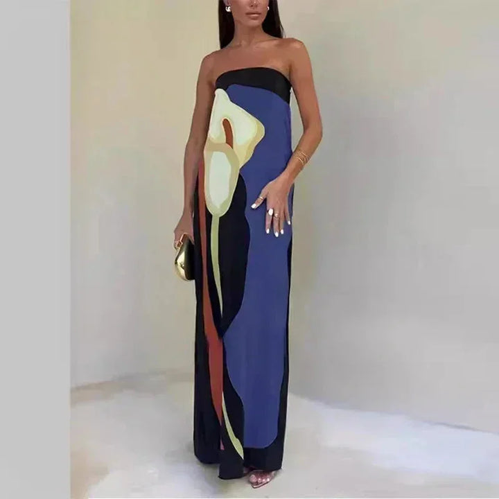 Vestito lungo donna bustier con motivi astratti fluidi
