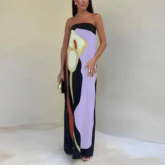 Vestito lungo donna bustier con motivi astratti fluidi