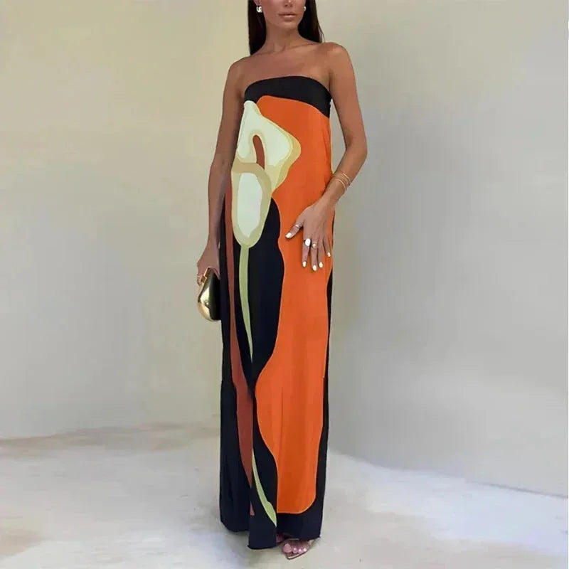 Vestito lungo donna bustier con motivi astratti fluidi