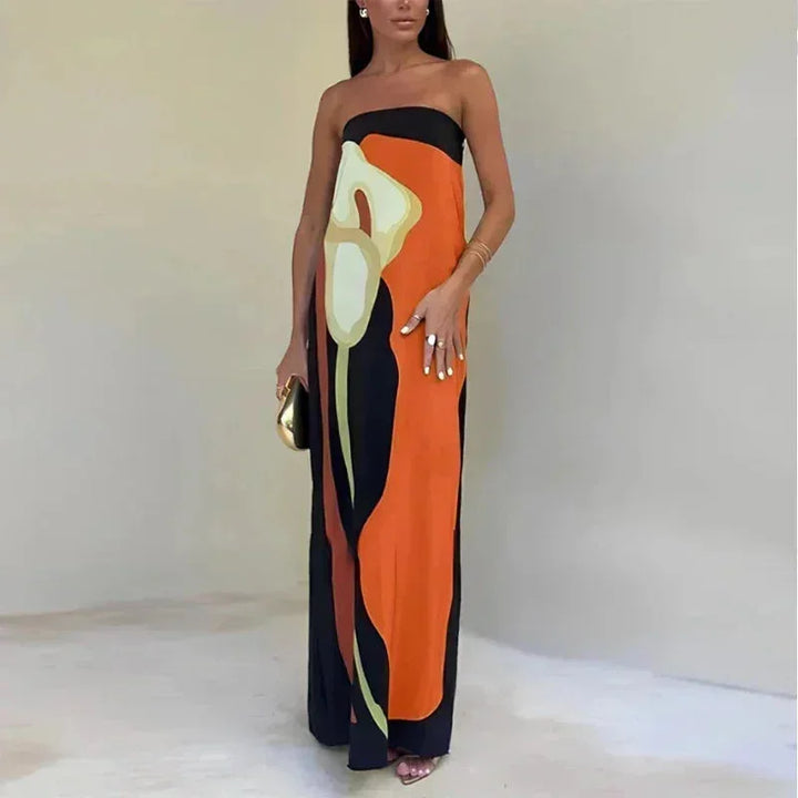 Vestito lungo donna bustier con motivi astratti fluidi