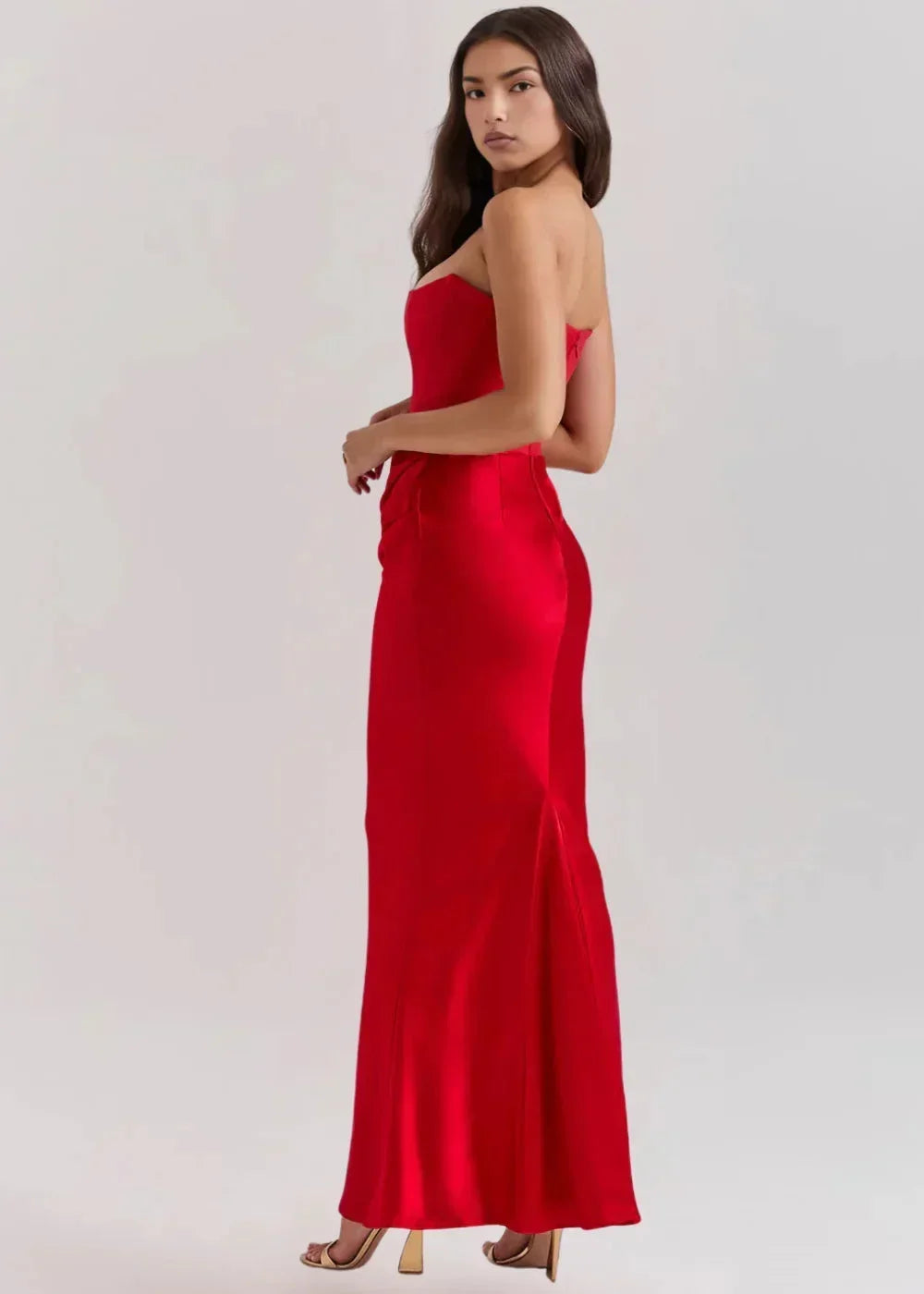 Vestito lungo donna bustier arricciato satinato da sera