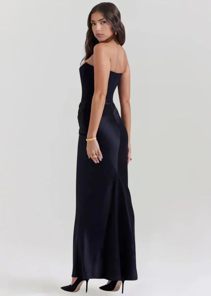 Vestito lungo donna bustier arricciato satinato da sera