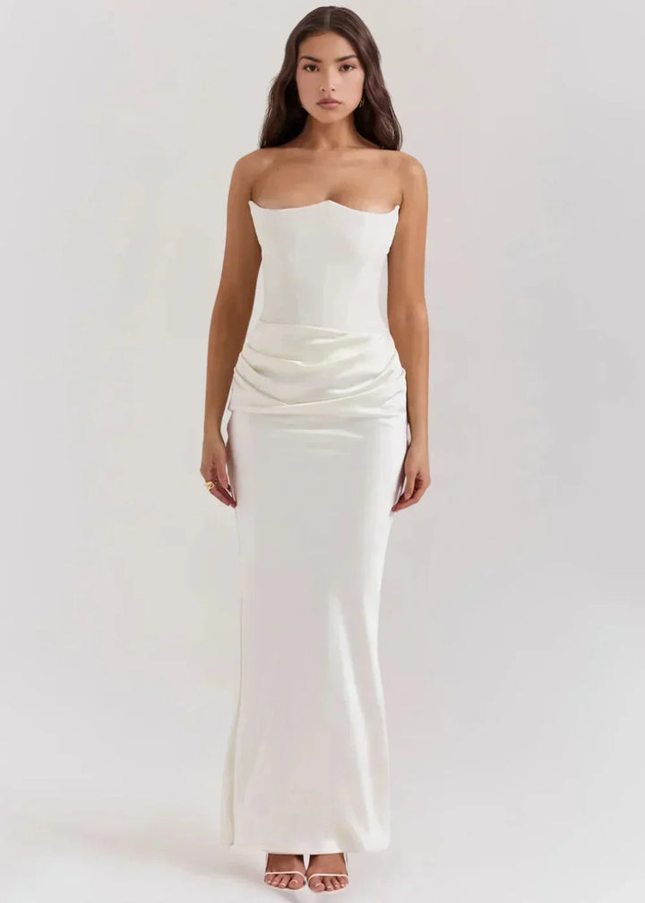 Vestito lungo donna bustier arricciato satinato da sera
