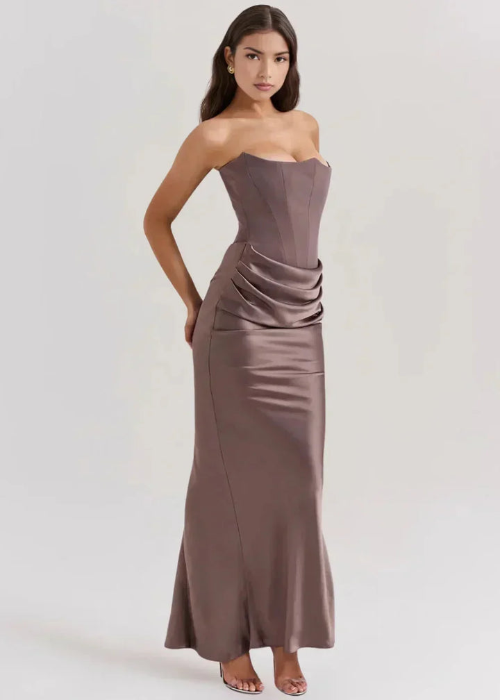 Vestito lungo donna bustier arricciato satinato da sera