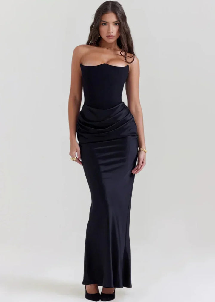 Vestito lungo donna bustier arricciato satinato da sera