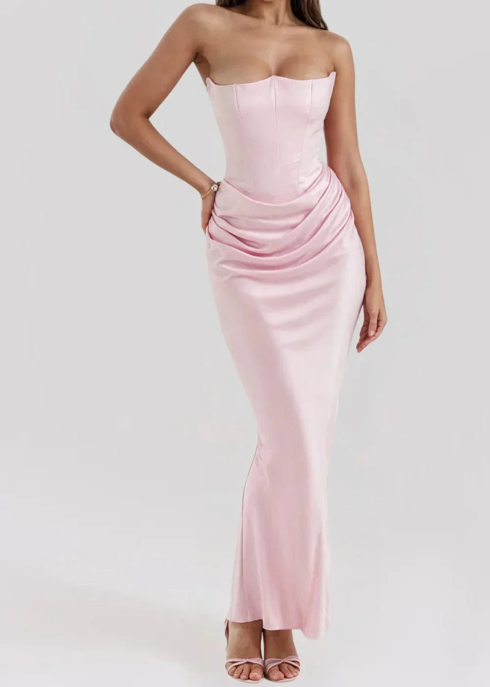 Vestito lungo donna bustier arricciato satinato da sera