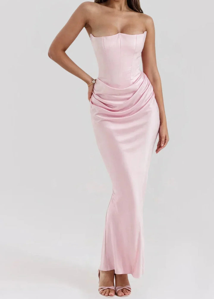 Vestito lungo donna bustier arricciato satinato da sera
