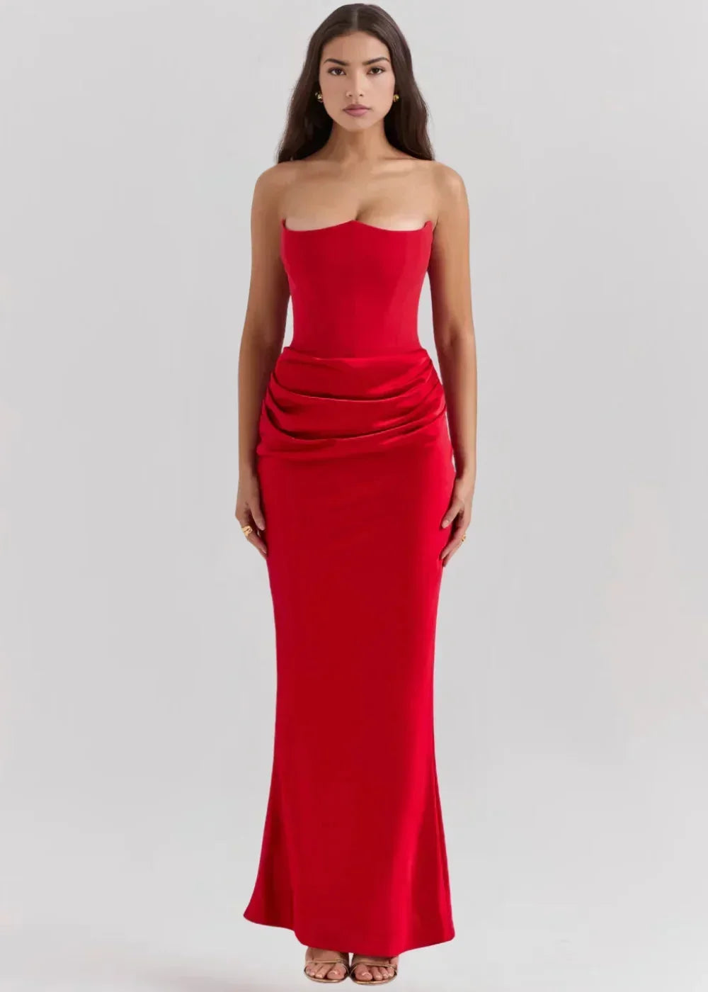 Vestito lungo donna bustier arricciato satinato da sera
