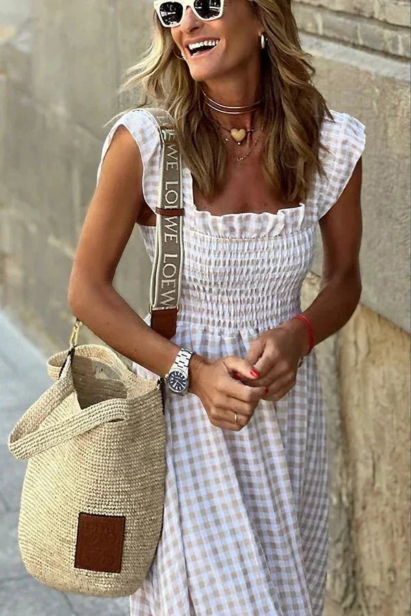 Vestito lungo donna a quadri con maniche a volant e scollo quadrato
