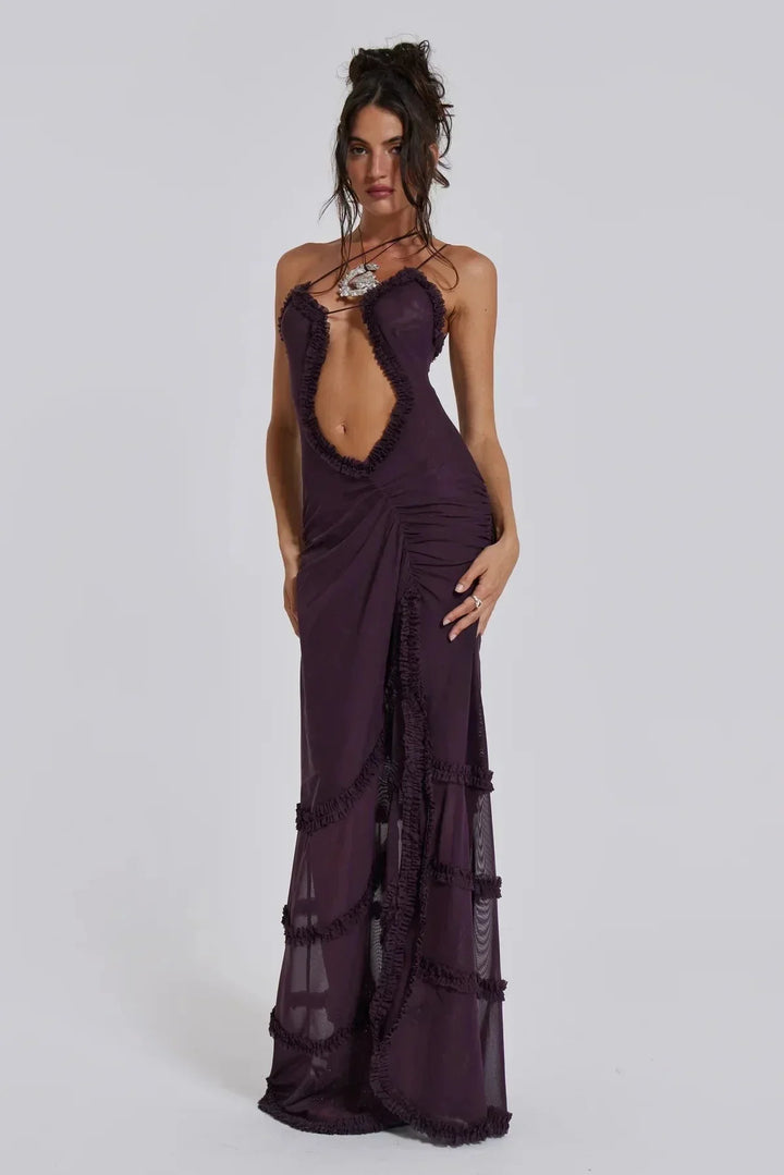 Vestito lungo donna con scollo a V e dettagli drappeggiati
