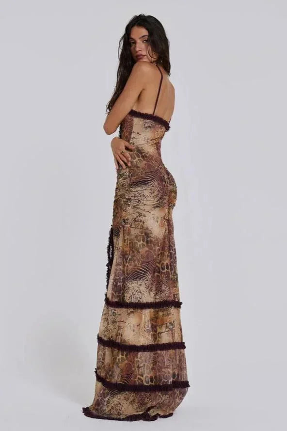 Vestito lungo donna con scollo a V e dettagli drappeggiati