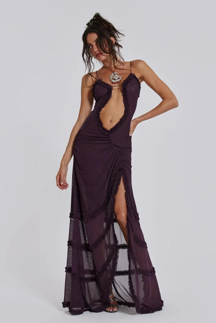 Vestito lungo donna con scollo a V e dettagli drappeggiati