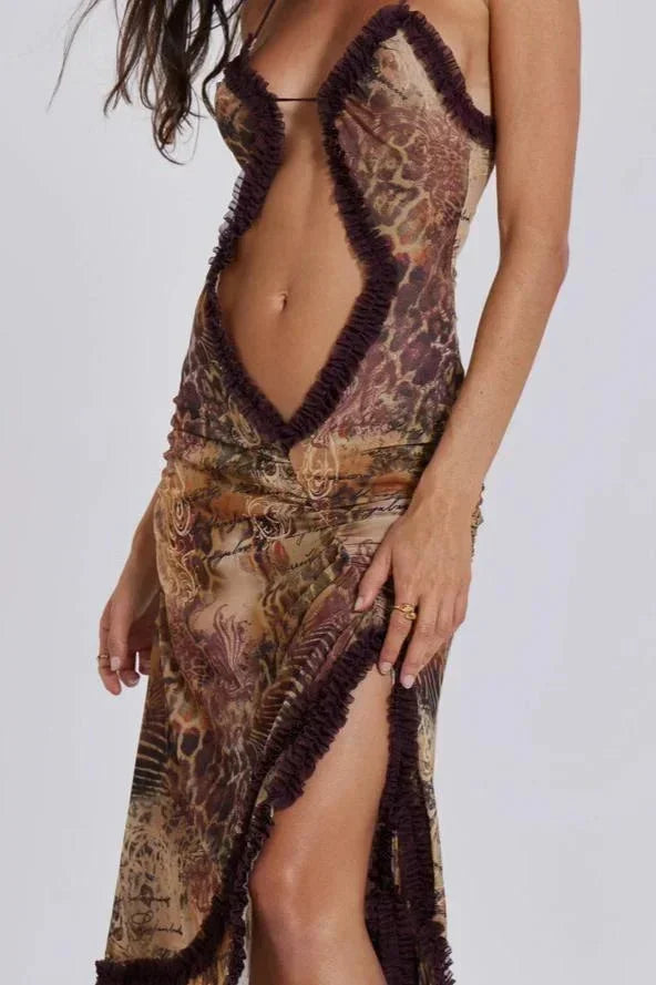 Vestito lungo donna con scollo a V e dettagli drappeggiati