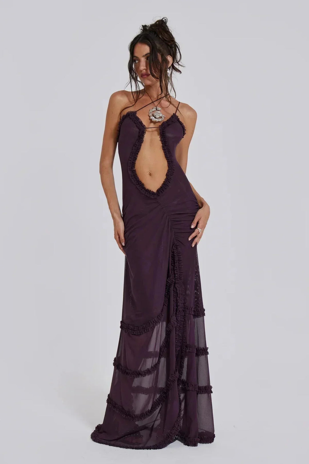 Vestito lungo donna con scollo a V e dettagli drappeggiati