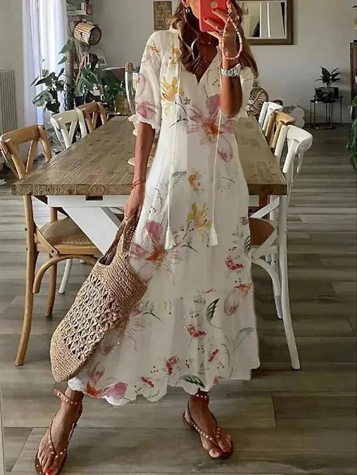 Vestito lungo donna con scollo a V a motivi floreali