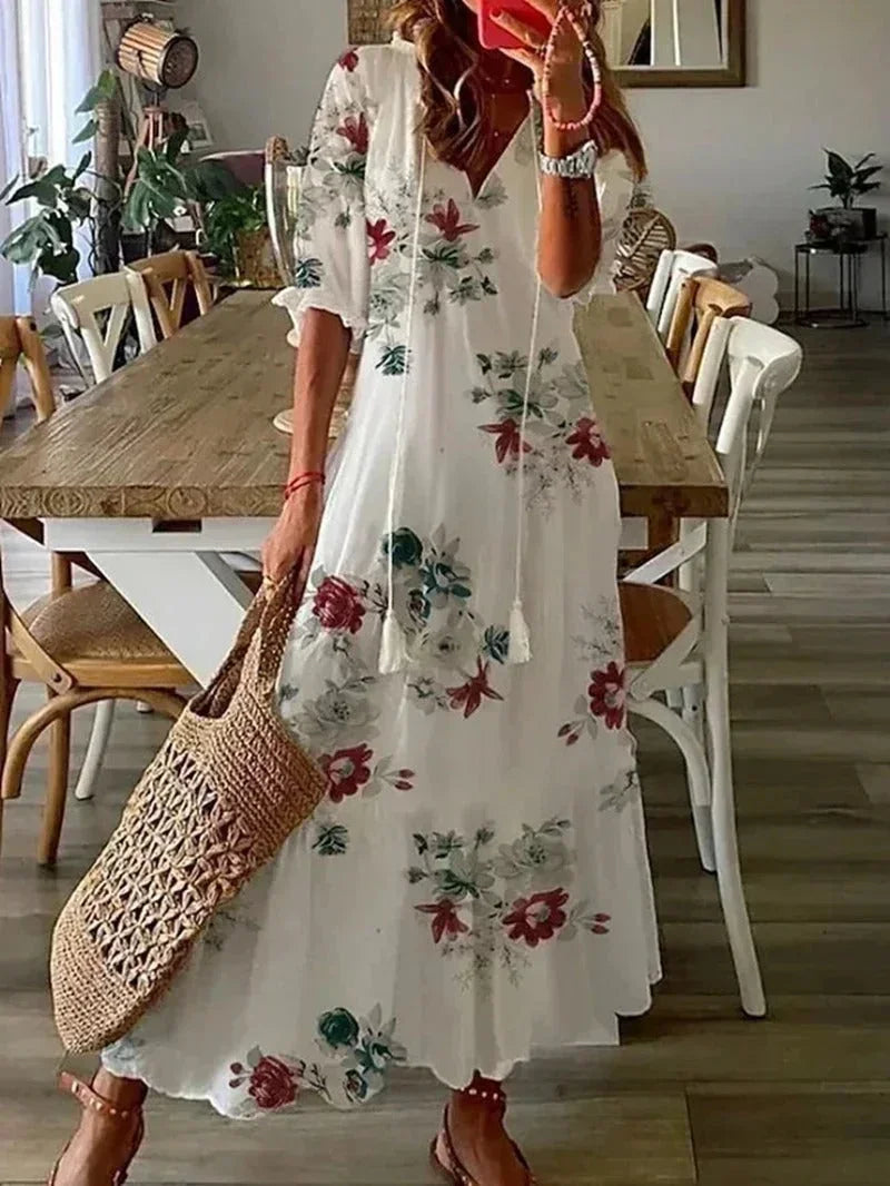 Vestito lungo donna con scollo a V a motivi floreali
