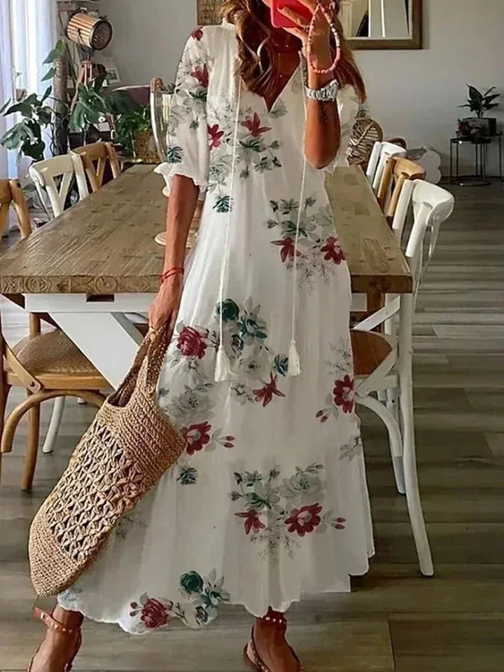 Vestito lungo donna con scollo a V a motivi floreali