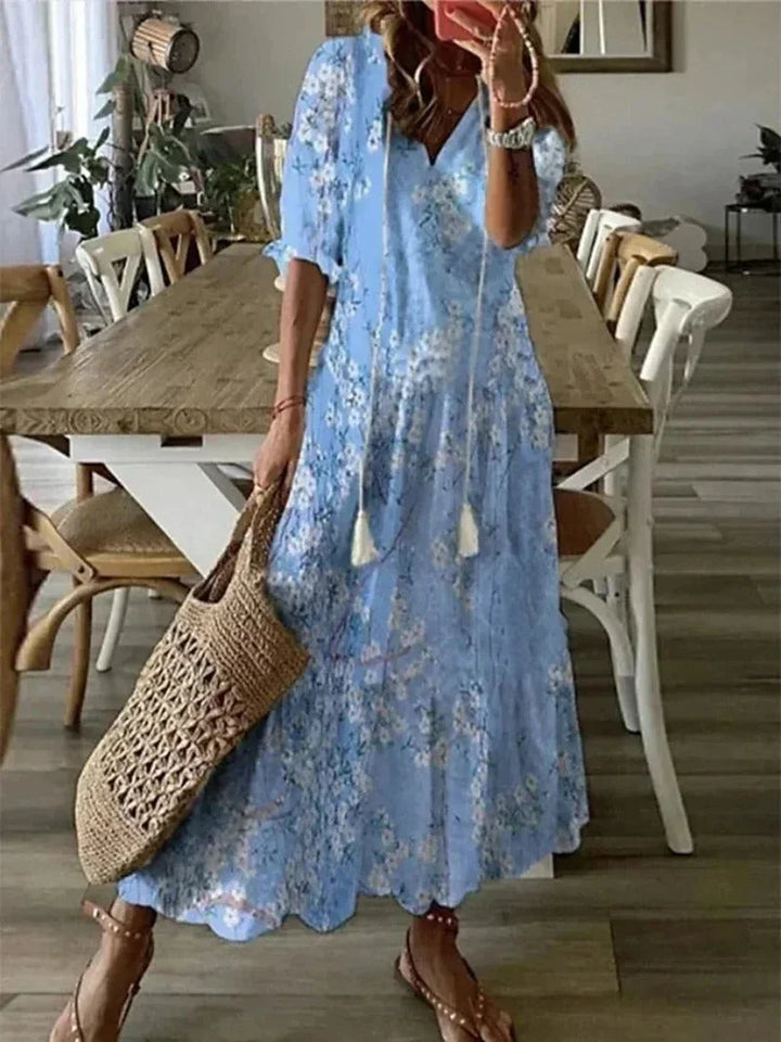 Vestito lungo donna con scollo a V a motivi floreali