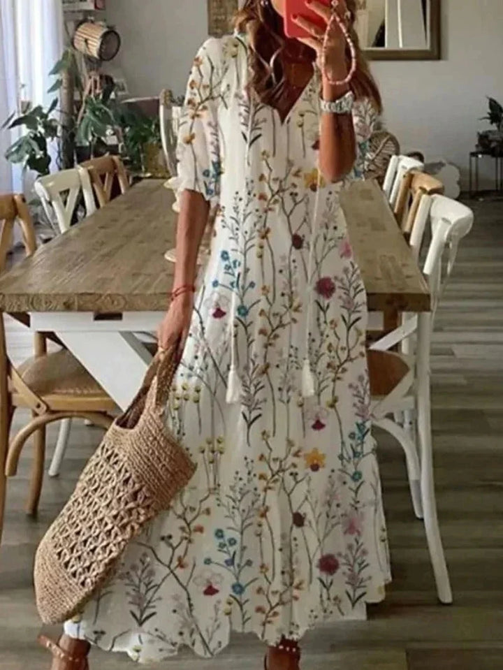 Vestito lungo donna con scollo a V a motivi floreali