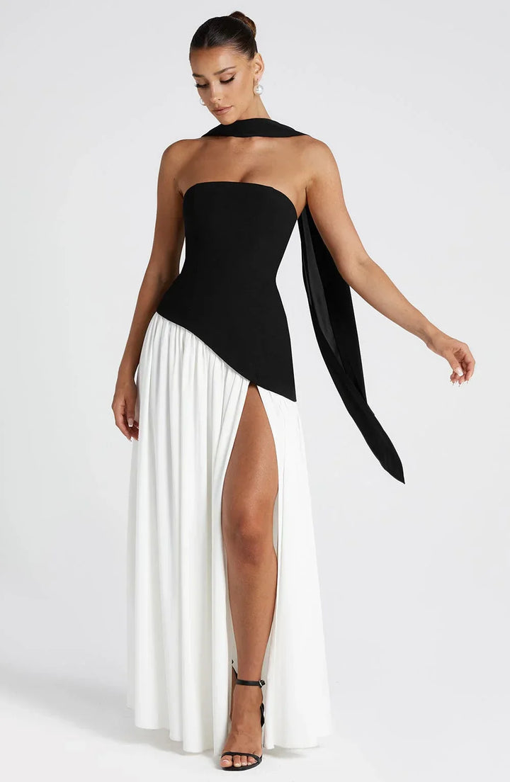 Vestito lungo a bustier con corsetto, dettaglio foulard e spacco alto