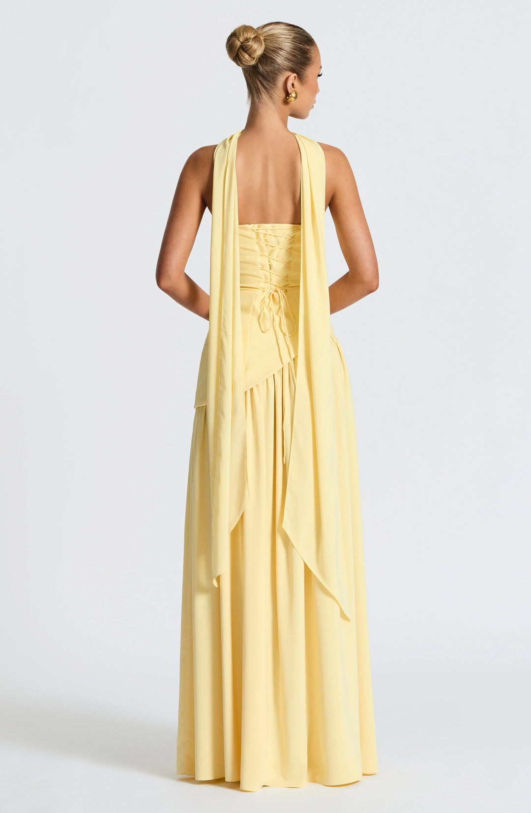 Vestito lungo a bustier con corsetto, dettaglio foulard e spacco alto