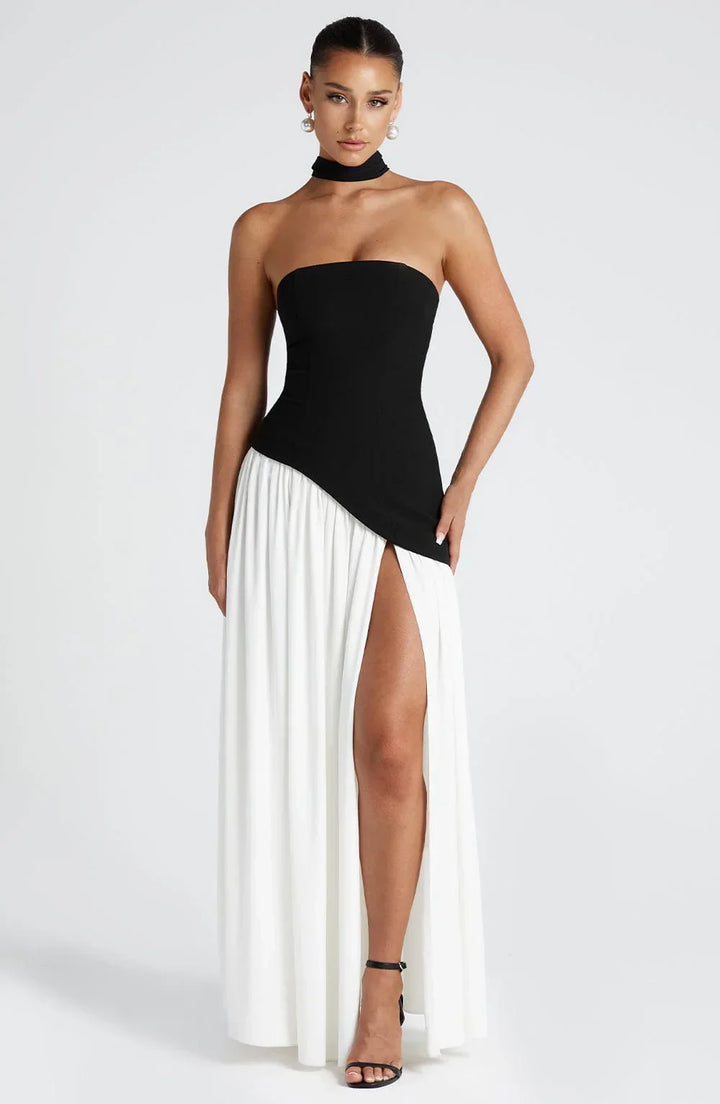 Vestito lungo a bustier con corsetto, dettaglio foulard e spacco alto