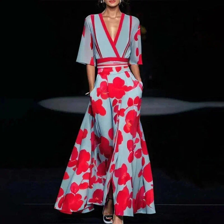 Vestito lungo donna con scollo a V, stampa floreale e cintura