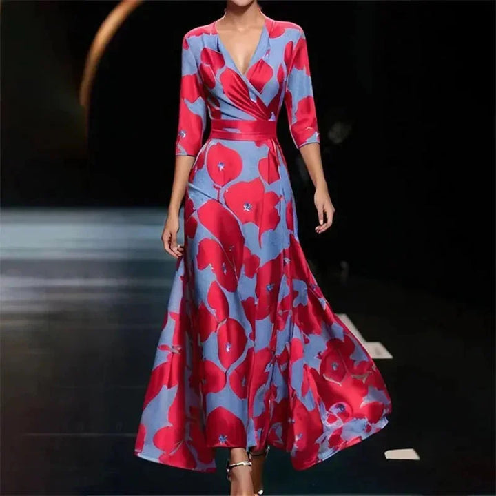 Vestito lungo donna con scollo a V, stampa floreale e cintura