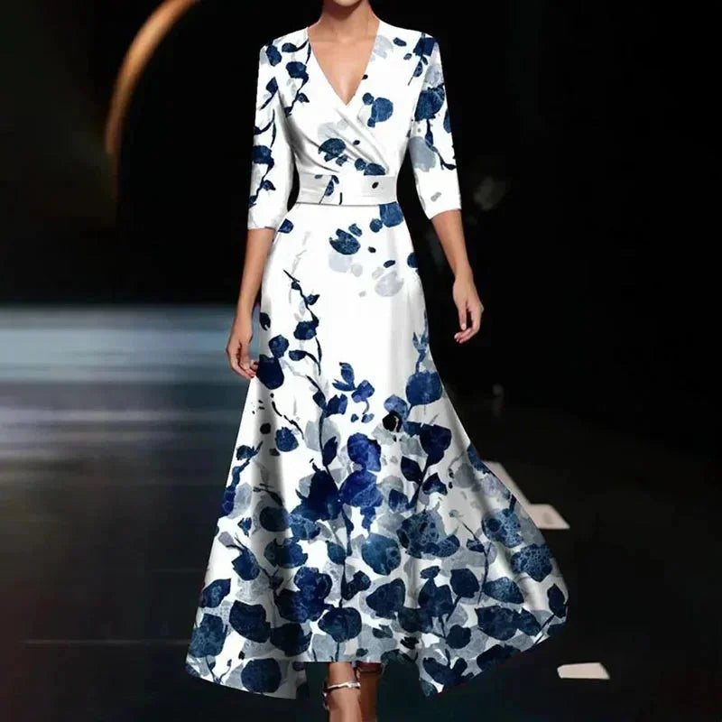 Vestito lungo donna con scollo a V, stampa floreale e cintura